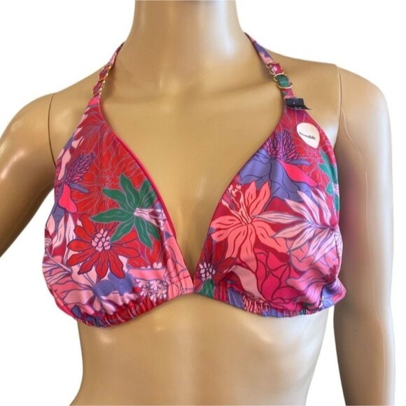 Etam Reversible Tropical Splash Halter Bikini Swim Top Sz L+ Pink to Floral - Picture 2 of 9